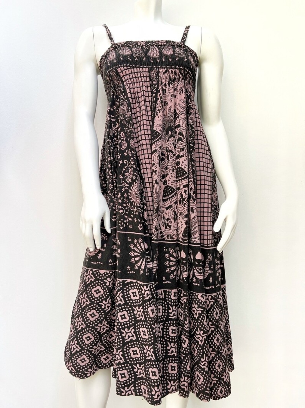 Vintage Smocked Tapestry Midi Dress in Dusty Pink and Black
